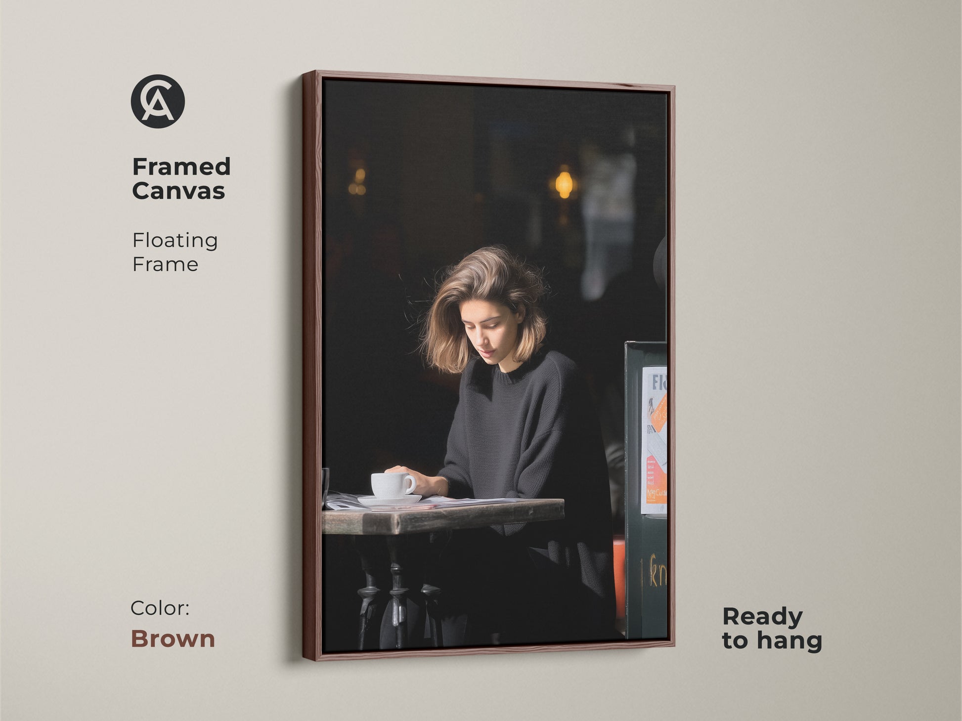 Framed canvas art with a brown floating frame. It shows a woman reading at a cafe. Adds warmth to the black and white lifestyle art. A perfect gift for coffee lovers.