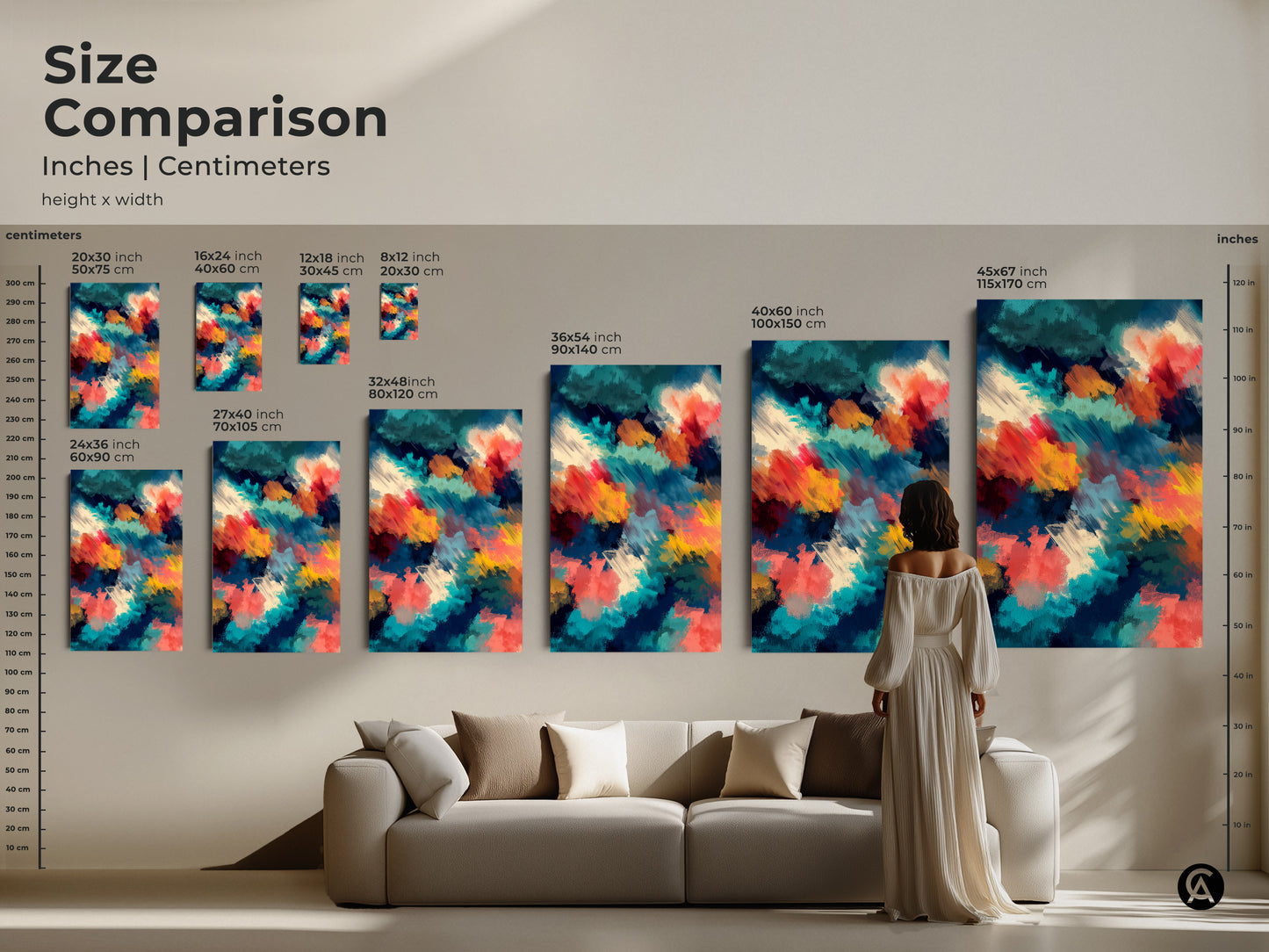 Size comparison of abstract art prints. See how different sizes look in a living room setting. Choose from various sizes of canvas and posters. Find the perfect art for your space and style.