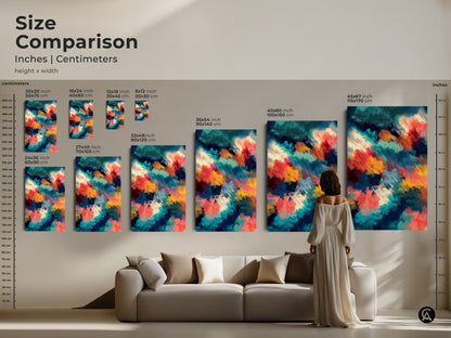 Size comparison of abstract art prints. See how different sizes look in a living room setting. Choose from various sizes of canvas and posters. Find the perfect art for your space and style.