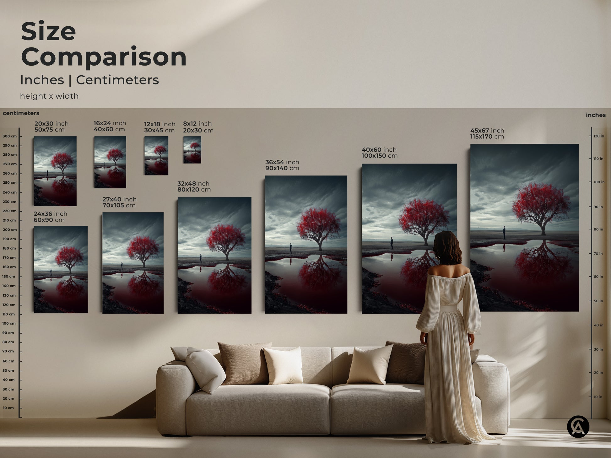 Size comparison showcases surreal landscape artwork in various dimensions. Visualize the red tree desert scene in inches and centimeters. See how the art fits above a couch with a model for scale. Choose the perfect size for your contemporary canvas art print.