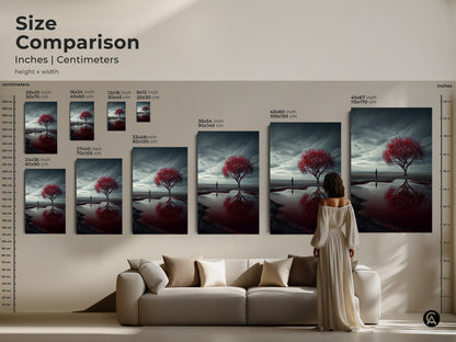 Size comparison showcases surreal landscape artwork in various dimensions. Visualize the red tree desert scene in inches and centimeters. See how the art fits above a couch with a model for scale. Choose the perfect size for your contemporary canvas art print.