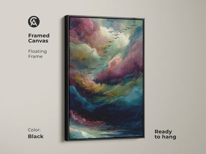 Framed canvas featuring abstract cloud art. The canvas has a sleek black floating frame. This ready to hang art enhances any space. The artwork contains pink green blue and birds in flight.