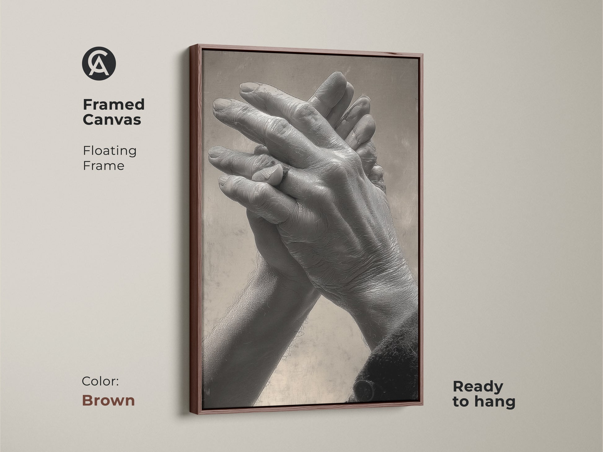 Brown framed canvas featuring intertwined hands art print. The floating frame complements the monochrome palette. It's a unique anniversary gift idea. Perfect for adding a romantic touch to your bedroom decor.