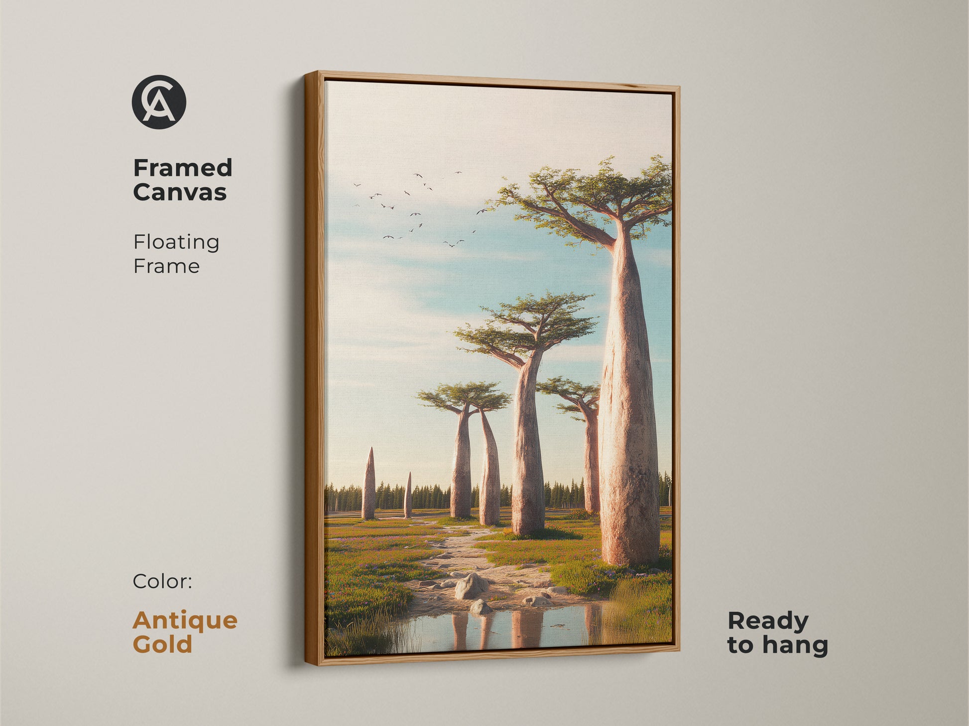 Antique gold framed canvas with realistic Baobab trees. A serene African savanna landscape art piece. Earth tones and sky blue create a calming effect. This floating frame is ready to display.