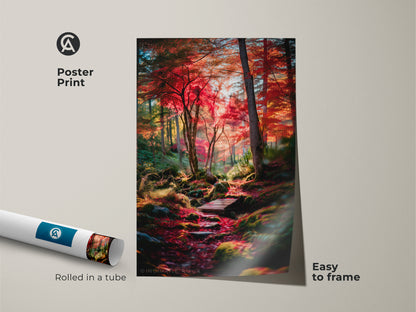 Poster print of a beautiful autumn forest. The print is rolled in a tube for easy framing. This museum-quality paper enhances the colors of the nature artwork. An affordable way to decorate your walls.