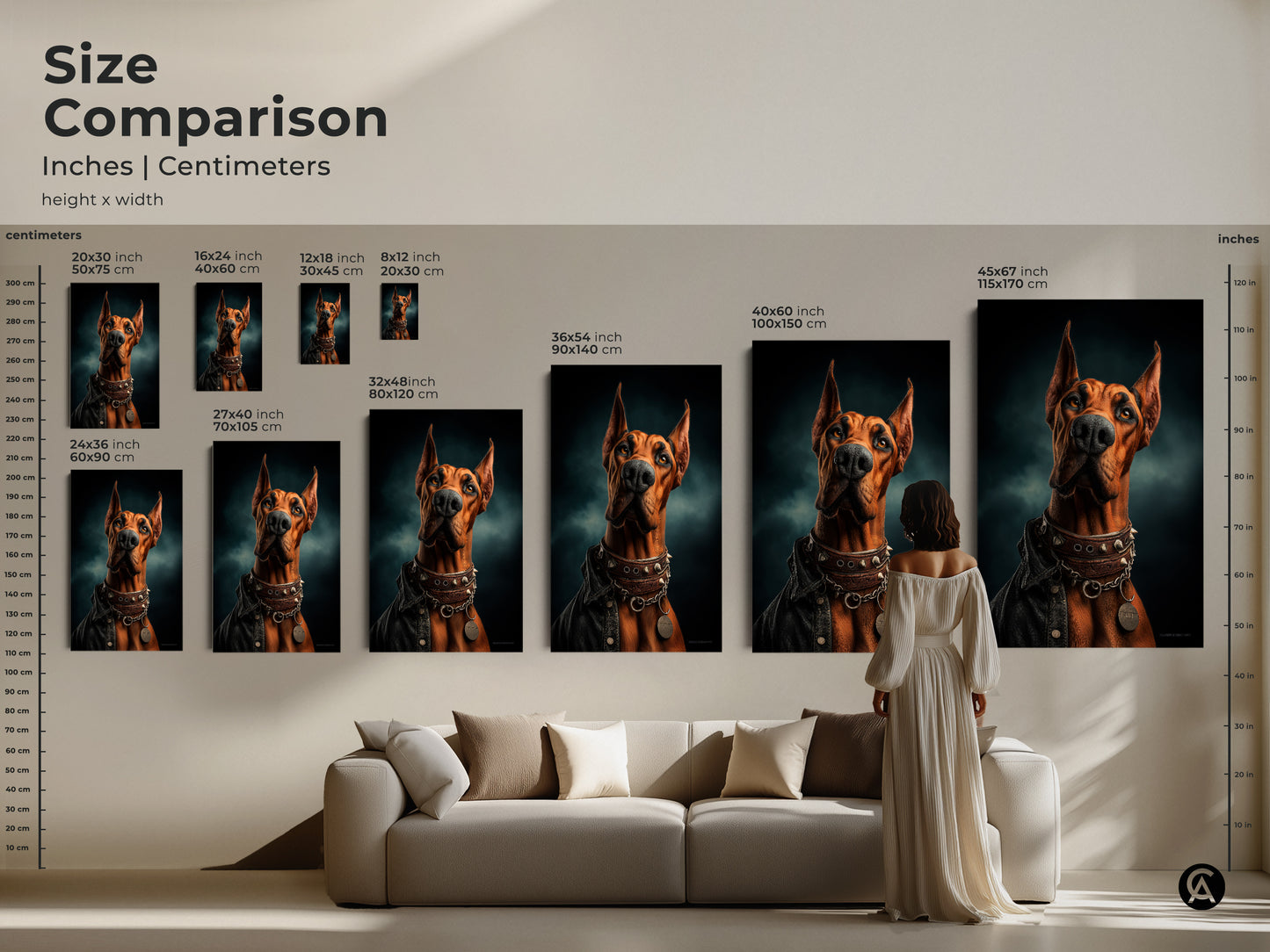 Size comparison shows Doberman art in inches and centimeters. The canvas and poster options provide multiple sizes. See how the artwork fits above a sofa. Select the right dimensions for your eclectic Doberman wall art to enhance any living space and home decor.
