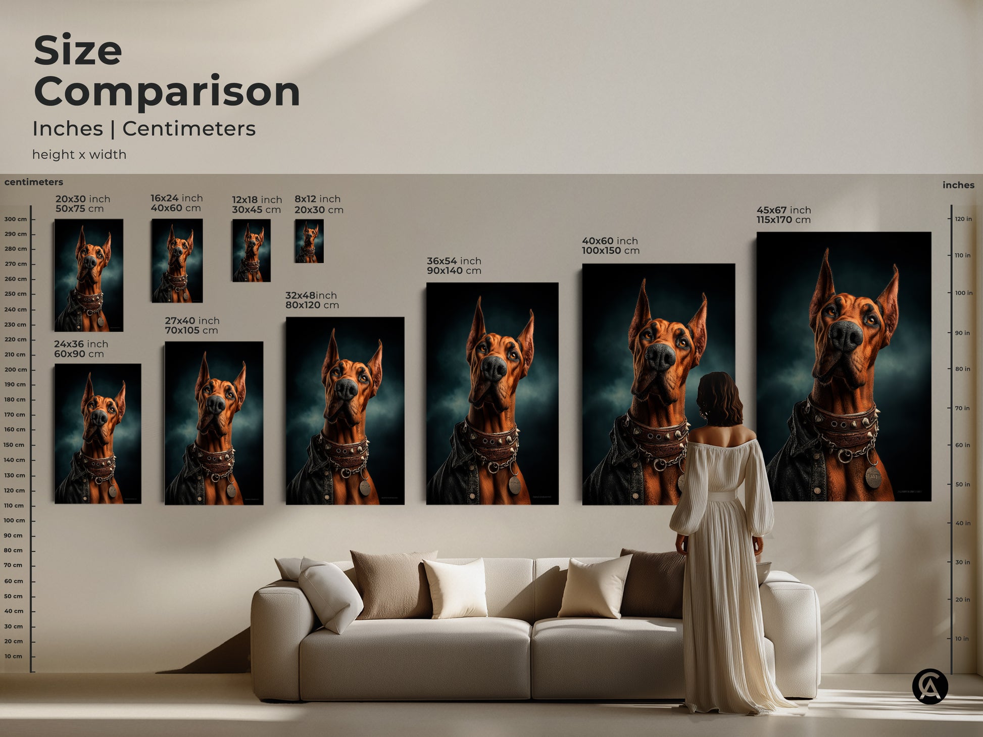 Size comparison shows Doberman art in inches and centimeters. The canvas and poster options provide multiple sizes. See how the artwork fits above a sofa. Select the right dimensions for your eclectic Doberman wall art to enhance any living space and home decor.