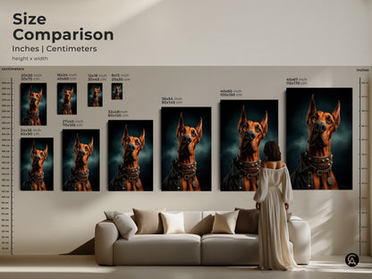 Size comparison shows Doberman art in inches and centimeters. The canvas and poster options provide multiple sizes. See how the artwork fits above a sofa. Select the right dimensions for your eclectic Doberman wall art to enhance any living space and home decor.