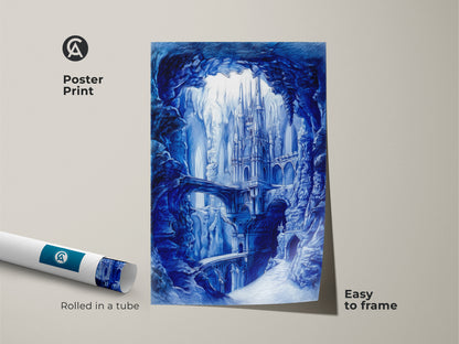 Poster print showcasing blue monochrome castle artwork. The print is rolled in a tube for protection. This easy-to-frame art piece is perfect for adding a touch of elegance to your space.