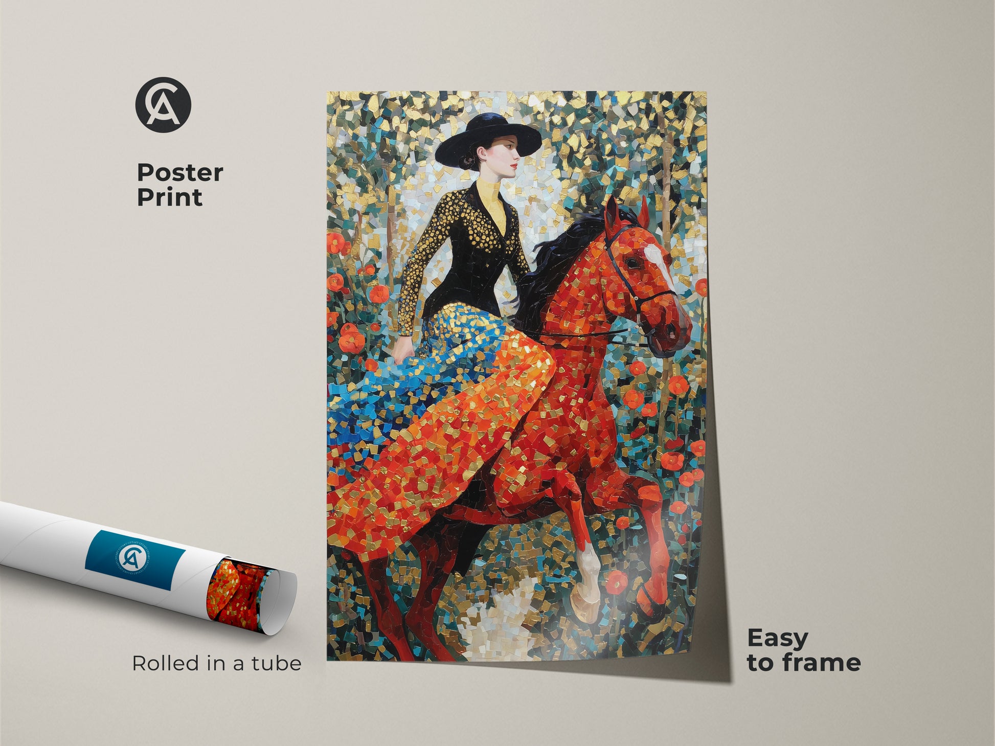 A poster print featuring a woman riding a horse. The red orange gold art is easy to frame. It arrives rolled in a tube. This colorful animal wall decor makes a great birthday gift for her. Add art nouveau horse decor to your living room.