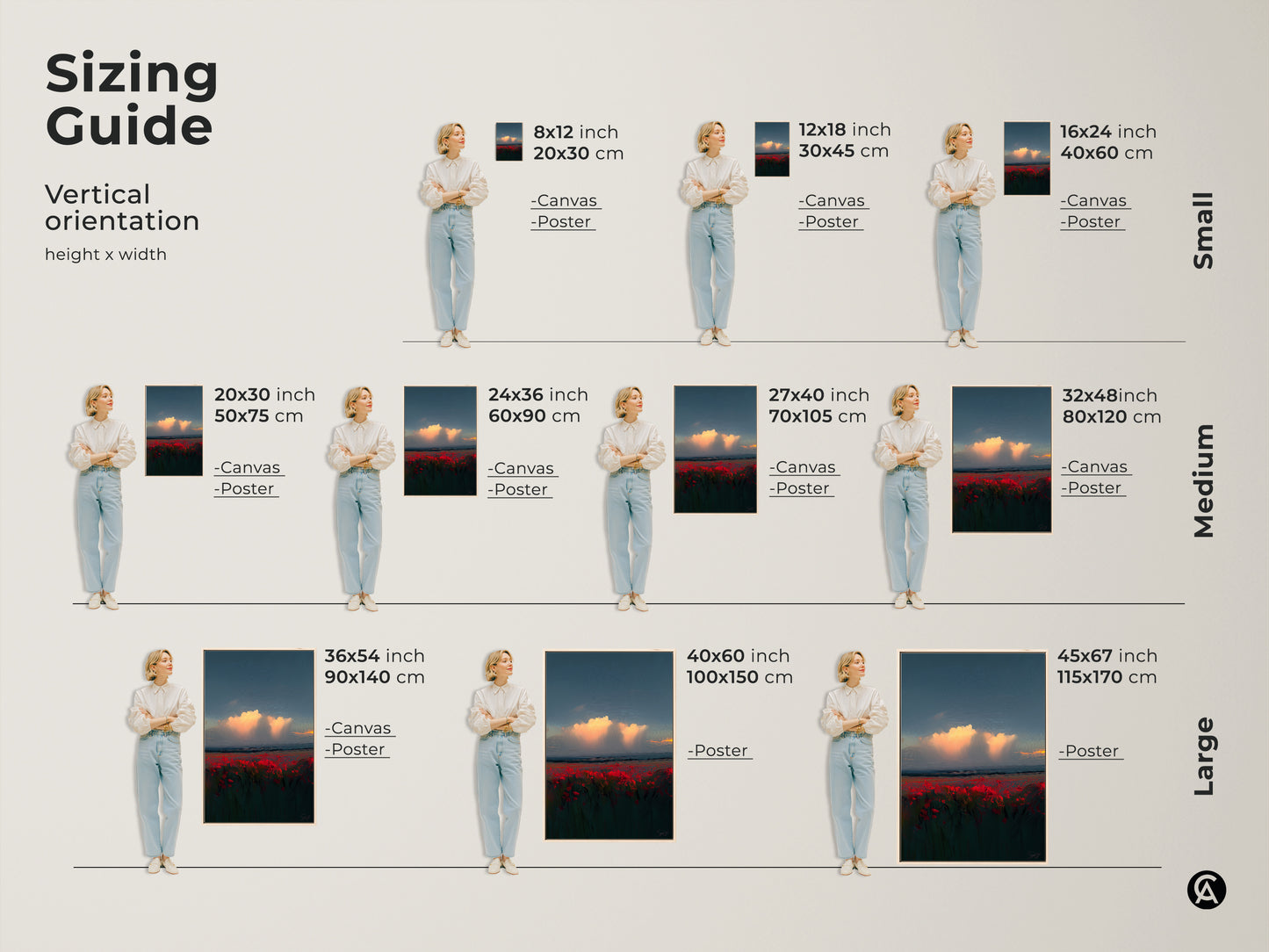 Sizing Guide for Sunset Poppy Field Wall Art. Visualize the canvas and poster print in various sizes. Find the perfect fit for your space from small to large options. See how it complements your decor.