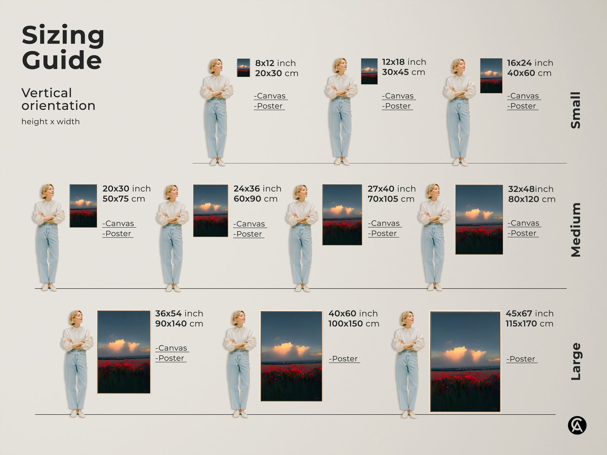 Sizing Guide for Sunset Poppy Field Wall Art. Visualize the canvas and poster print in various sizes. Find the perfect fit for your space from small to large options. See how it complements your decor.