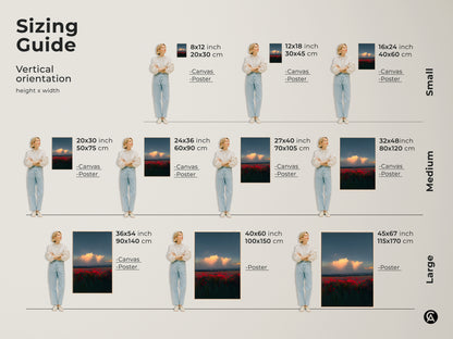 Sizing Guide for Sunset Poppy Field Wall Art. Visualize the canvas and poster print in various sizes. Find the perfect fit for your space from small to large options. See how it complements your decor.