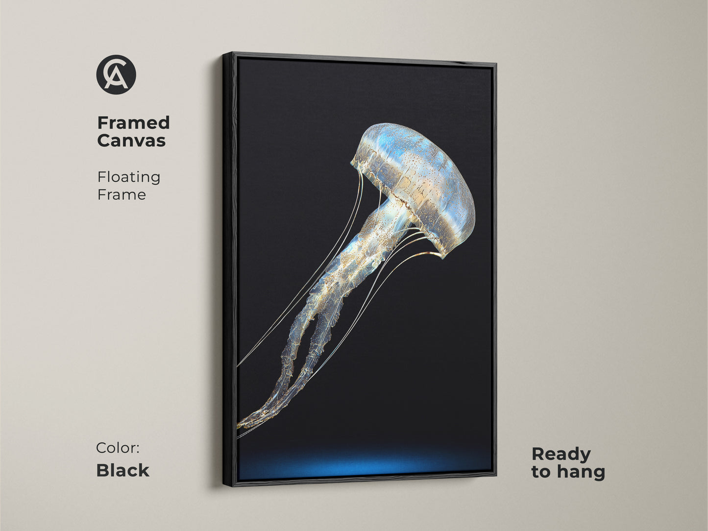 Black framed canvas showcasing abstract jellyfish artwork. The floating frame enhances the blue and gold palette. This contemporary piece of ocean theme wall art is ready to hang. Perfect bedroom wall decor.