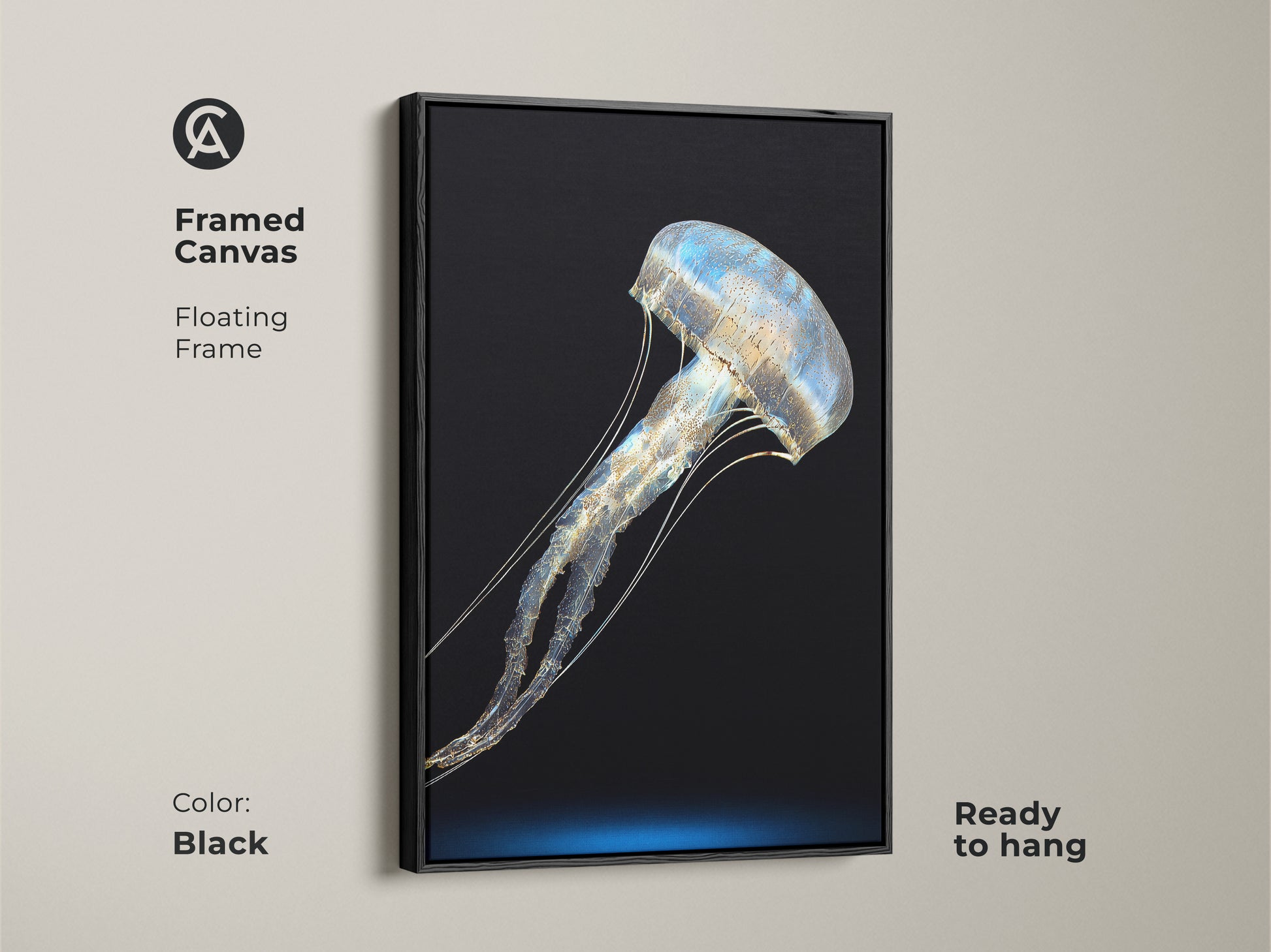 Black framed canvas showcasing abstract jellyfish artwork. The floating frame enhances the blue and gold palette. This contemporary piece of ocean theme wall art is ready to hang. Perfect bedroom wall decor.