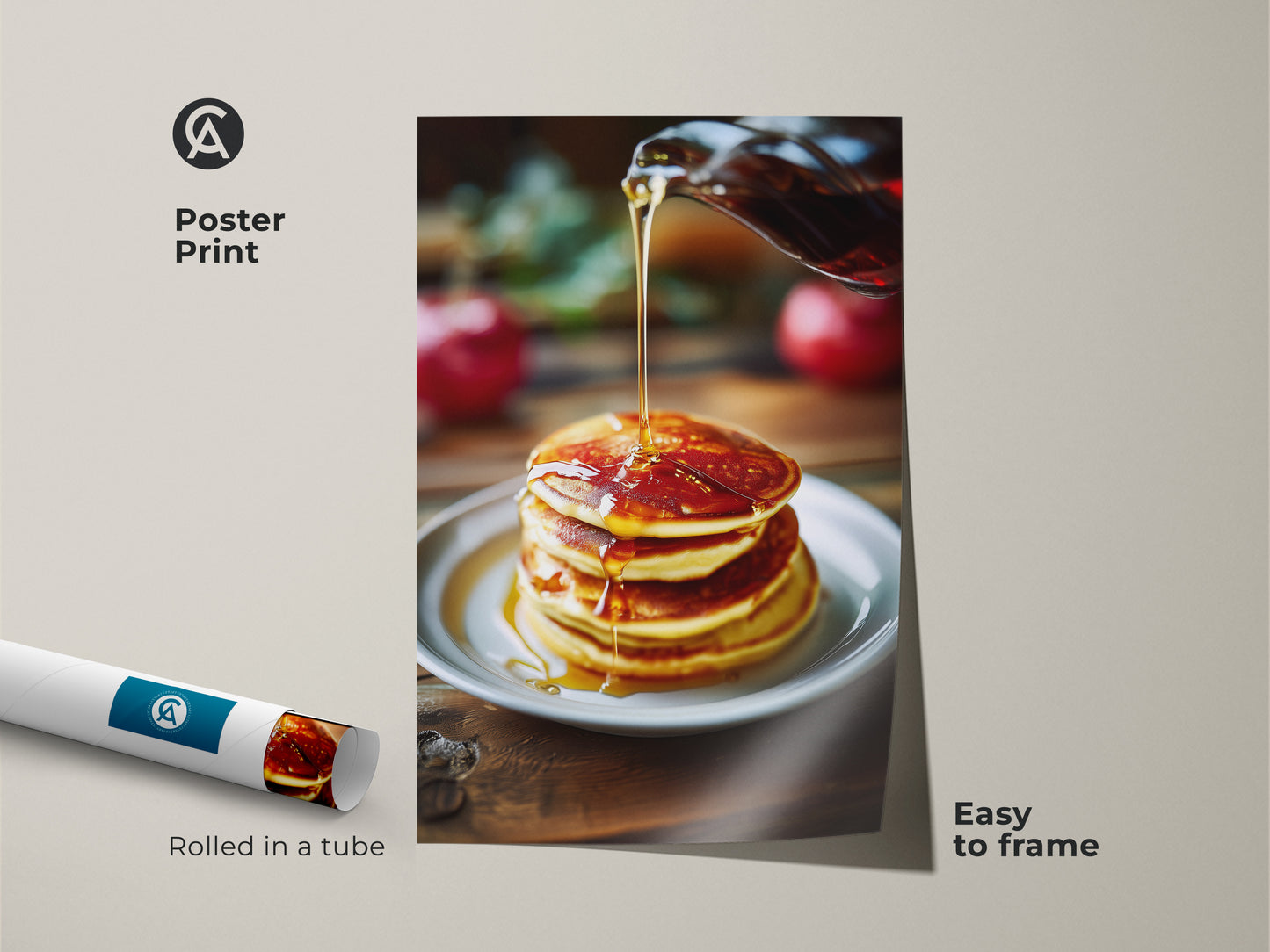 Poster print of pancakes with golden syrup art. Easy to frame for kitchen wall art. This food photography captures amber and yellow tones. It is perfect for breakfast decor. Rolled in a tube for safe shipping. Ideal for a modern farmhouse kitchen.