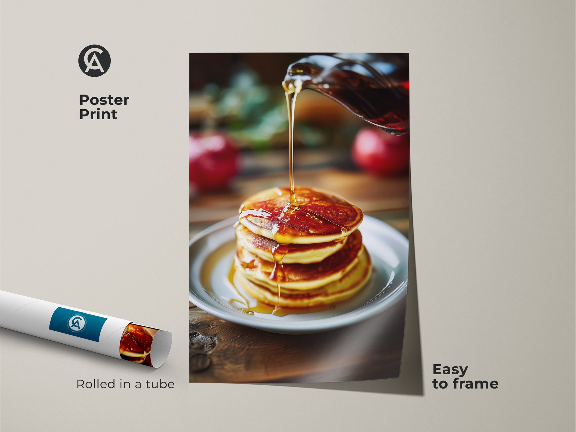Poster print of pancakes with golden syrup art. Easy to frame for kitchen wall art. This food photography captures amber and yellow tones. It is perfect for breakfast decor. Rolled in a tube for safe shipping. Ideal for a modern farmhouse kitchen.
