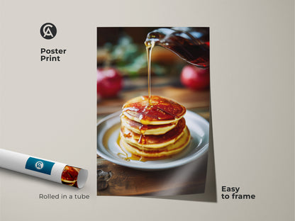 Poster print of pancakes with golden syrup art. Easy to frame for kitchen wall art. This food photography captures amber and yellow tones. It is perfect for breakfast decor. Rolled in a tube for safe shipping. Ideal for a modern farmhouse kitchen.