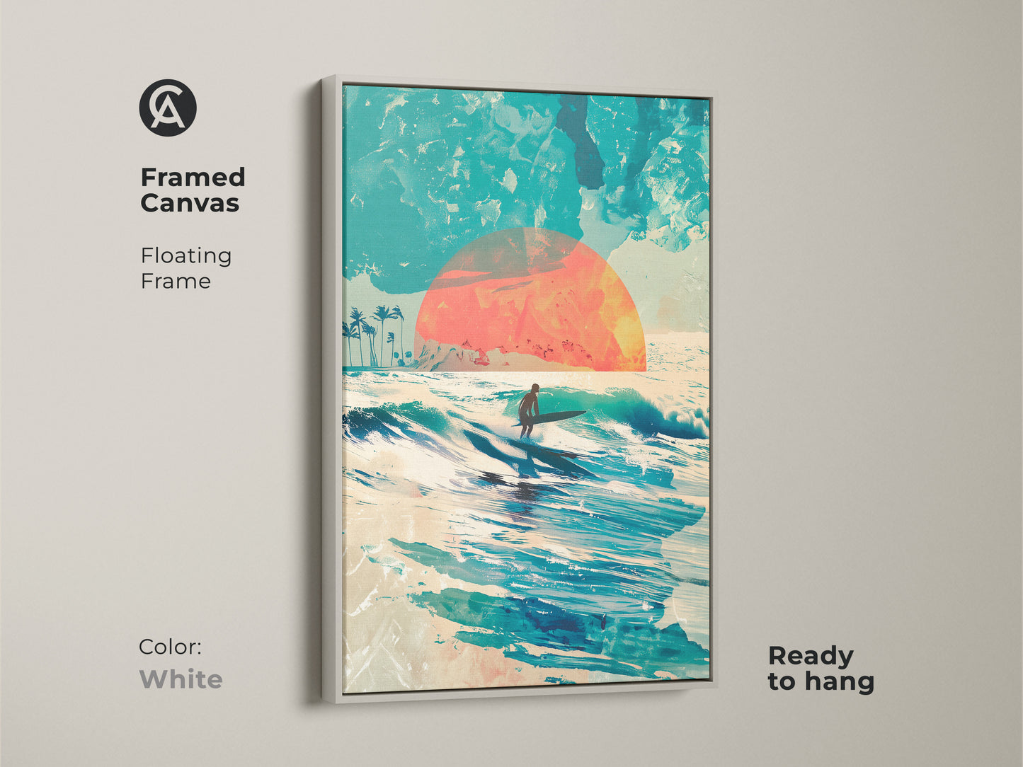 This framed canvas artwork brings a fresh vibe to your space. A surfer rides a wave under a colorful sunset. The white floating frame offers a clean look. This ready-to-hang canvas will brighten any room. Experience the allure of coastal art.