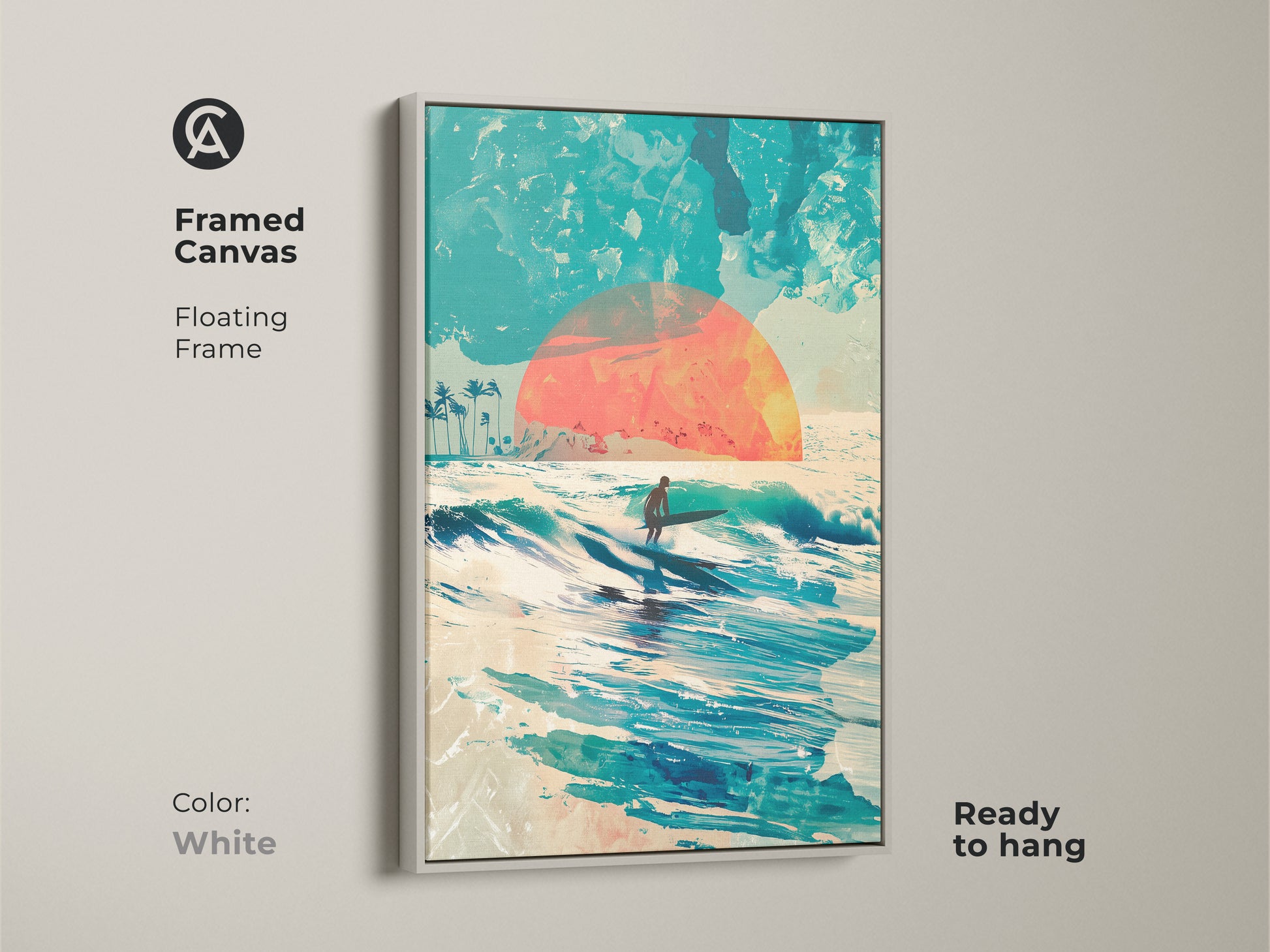 This framed canvas artwork brings a fresh vibe to your space. A surfer rides a wave under a colorful sunset. The white floating frame offers a clean look. This ready-to-hang canvas will brighten any room. Experience the allure of coastal art.