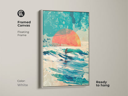 This framed canvas artwork brings a fresh vibe to your space. A surfer rides a wave under a colorful sunset. The white floating frame offers a clean look. This ready-to-hang canvas will brighten any room. Experience the allure of coastal art.