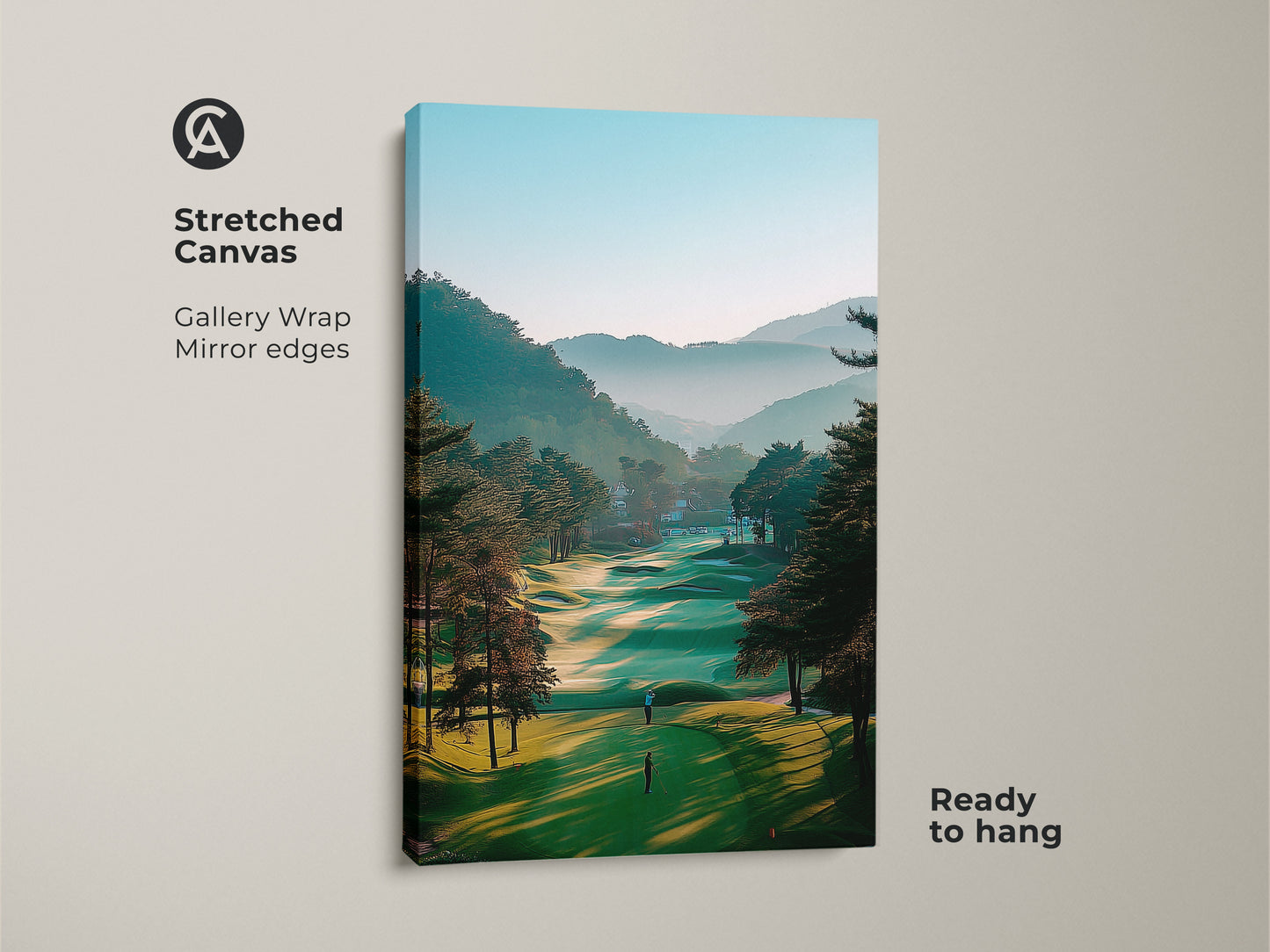 Elevate your space with golf course canvas art. The stretched canvas features a vibrant golf course landscape. The gallery wrap and mirror edges add a touch of sophistication. It arrives ready to hang and enjoy.