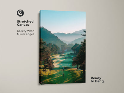 Elevate your space with golf course canvas art. The stretched canvas features a vibrant golf course landscape. The gallery wrap and mirror edges add a touch of sophistication. It arrives ready to hang and enjoy.