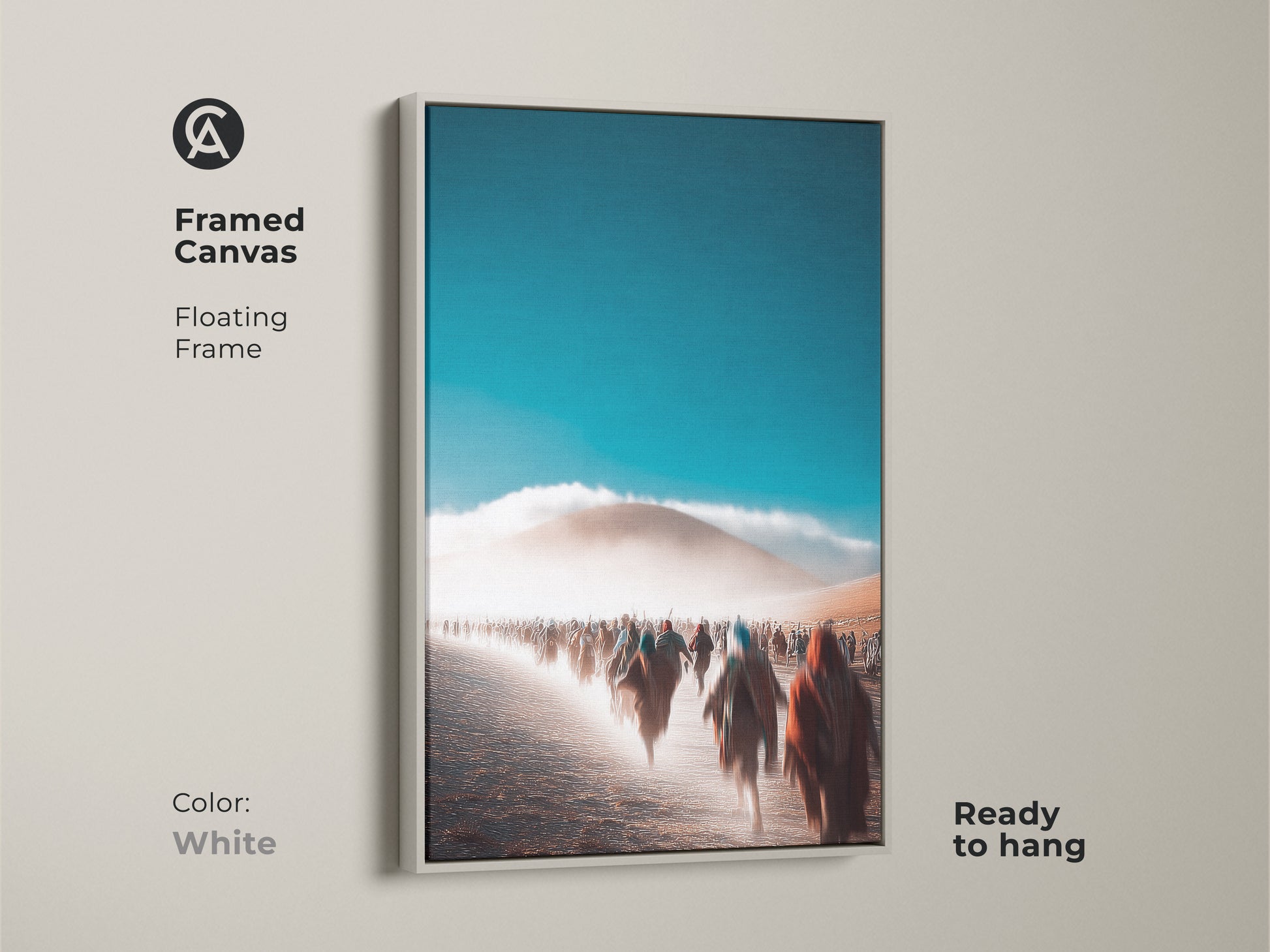 Framed canvas with a floating frame presents an abstract desert scene. White frame offers a clean minimalist aesthetic. Teal and blue colors create a calming visual. Ready to hang for quick decoration. A canvas art for living room. This wall decor is a unique wall hanging art piece.