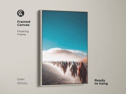 Framed canvas with a floating frame presents an abstract desert scene. White frame offers a clean minimalist aesthetic. Teal and blue colors create a calming visual. Ready to hang for quick decoration. A canvas art for living room. This wall decor is a unique wall hanging art piece.