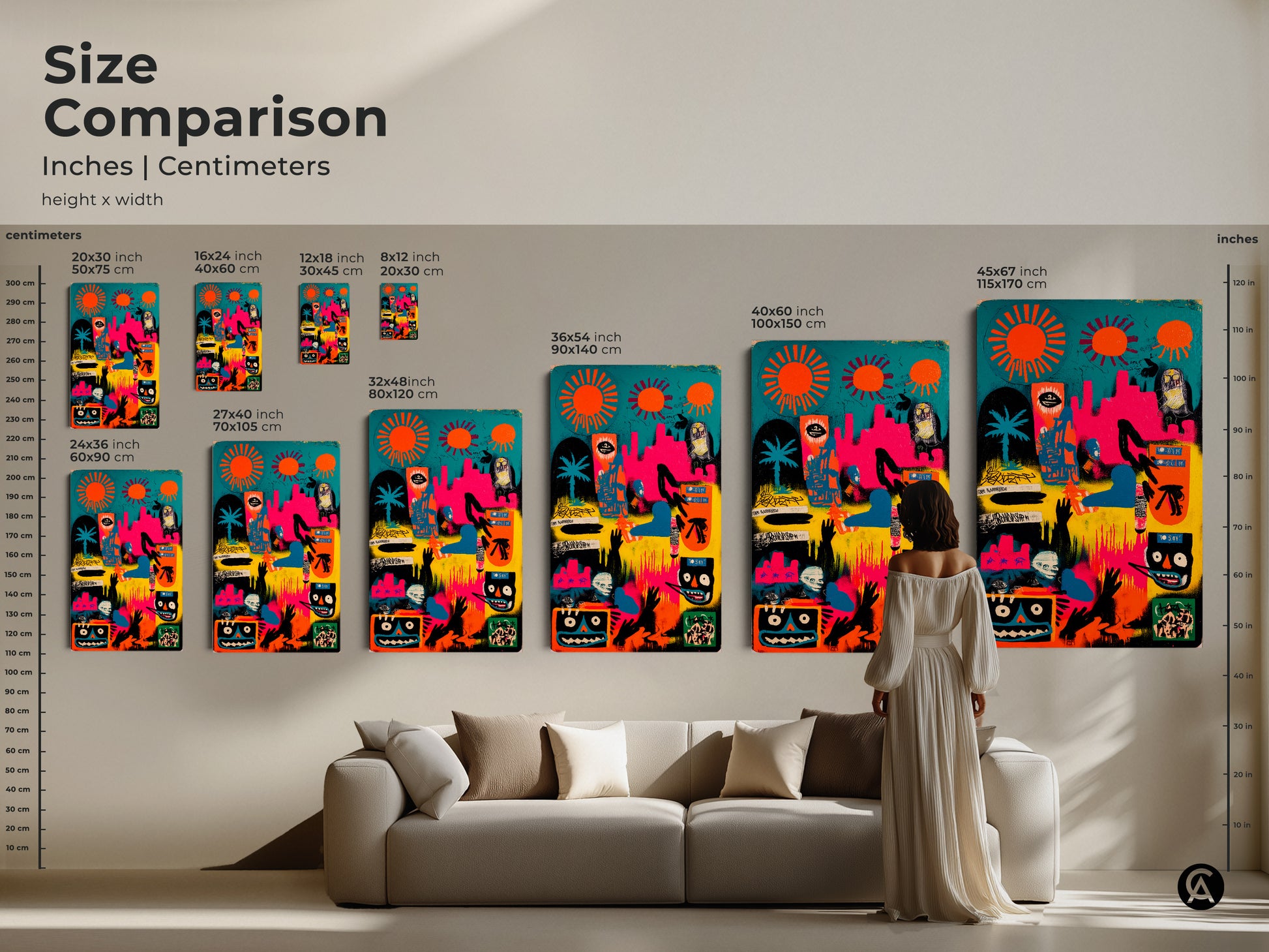Size comparison of abstract artwork in inches and centimeters. See how different sizes of the canvas or poster print look in a living space. Visualize the impact of this modern graffiti-style art. Find the perfect fit for your home