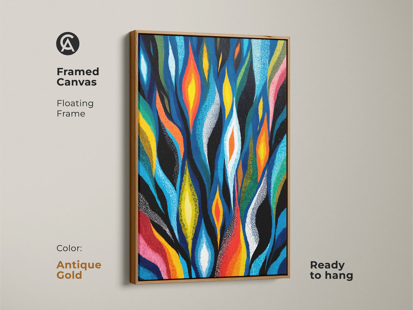 This framed canvas features a floating antique gold frame. The modern abstract flame leaf artwork uses deep blues bright oranges and yellows. Ready to hang this unique abstract artwork enhances any art lover's space.