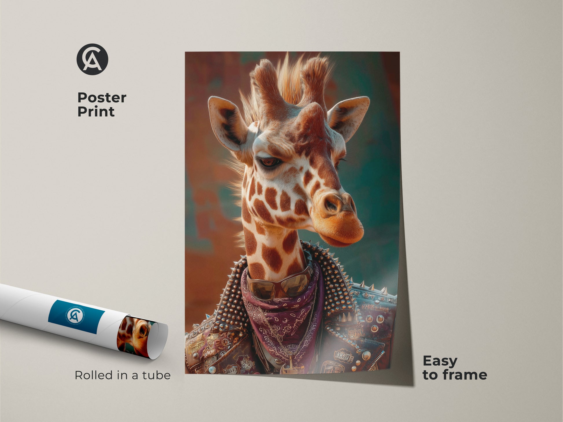 A punk giraffe poster print. It's rolled in a tube and easy to frame. This surreal animal artwork offers eclectic teen room decor. The brown orange teal colors pop. This wildlife art gift idea is perfect as alternative art. The spotted giraffe is stylish