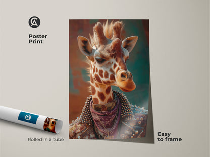 A punk giraffe poster print. It's rolled in a tube and easy to frame. This surreal animal artwork offers eclectic teen room decor. The brown orange teal colors pop. This wildlife art gift idea is perfect as alternative art. The spotted giraffe is stylish