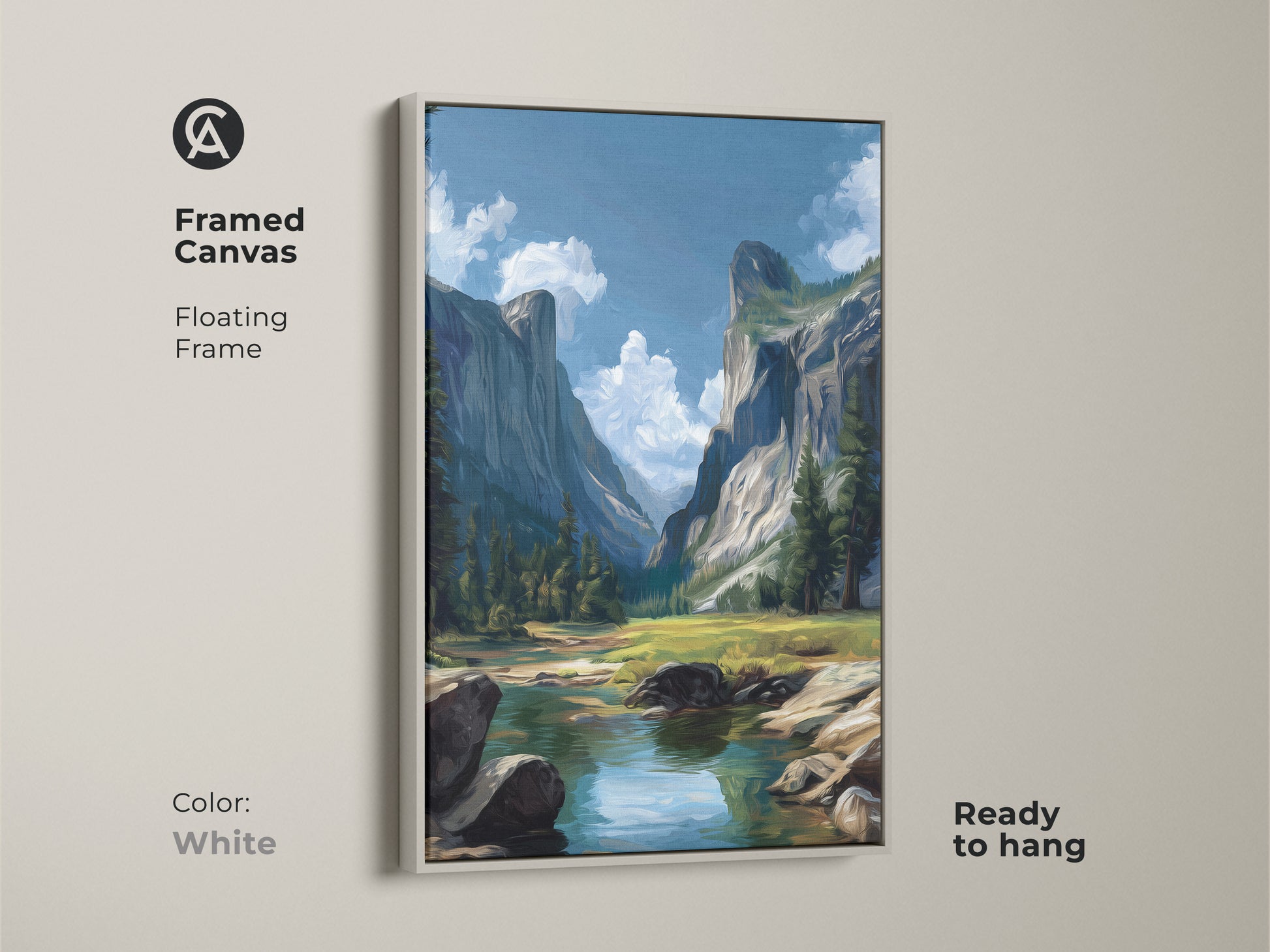 Framed canvas art in white features a mountain valley landscape. This river scenic canvas print has a floating frame. The Impressionist nature wall art is ready to hang. Blue and green hues create a tranquil outdoor artwork. It is a perfect rustic home decor.