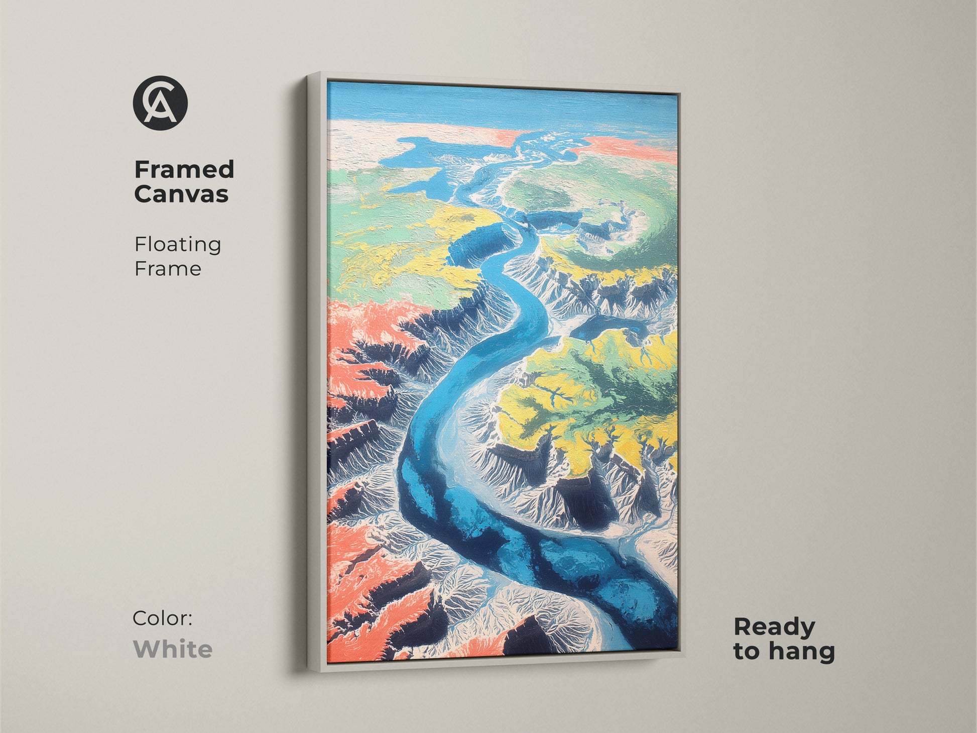 The framed canvas in white features a floating frame. It displays an abstract aerial view of a teal blue river canyon. This unique landscape wall hanging is ready to hang. It is great as home decor.