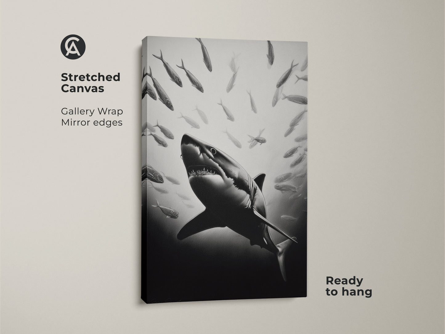 Gallery wrapped monochrome shark canvas on a white wall. This stretched canvas features mirror edges. The ocean wildlife wall art is ready to hang. It is a great gift for animal lovers and shark fans.