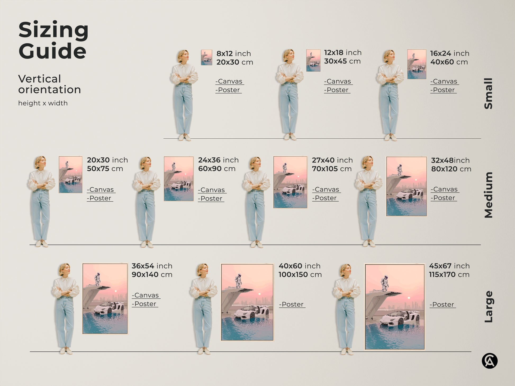 Sizing guide for vertical surreal astronaut supercar art. Available in small medium and large sizes. Choose from canvas or poster prints. Perfect teal pink blue wall art for any space. Ideal sci-fi office decor gift for car enthusiasts.