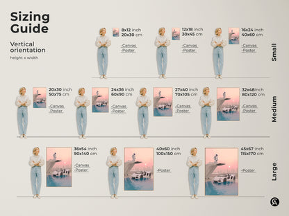 Sizing guide for vertical surreal astronaut supercar art. Available in small medium and large sizes. Choose from canvas or poster prints. Perfect teal pink blue wall art for any space. Ideal sci-fi office decor gift for car enthusiasts.