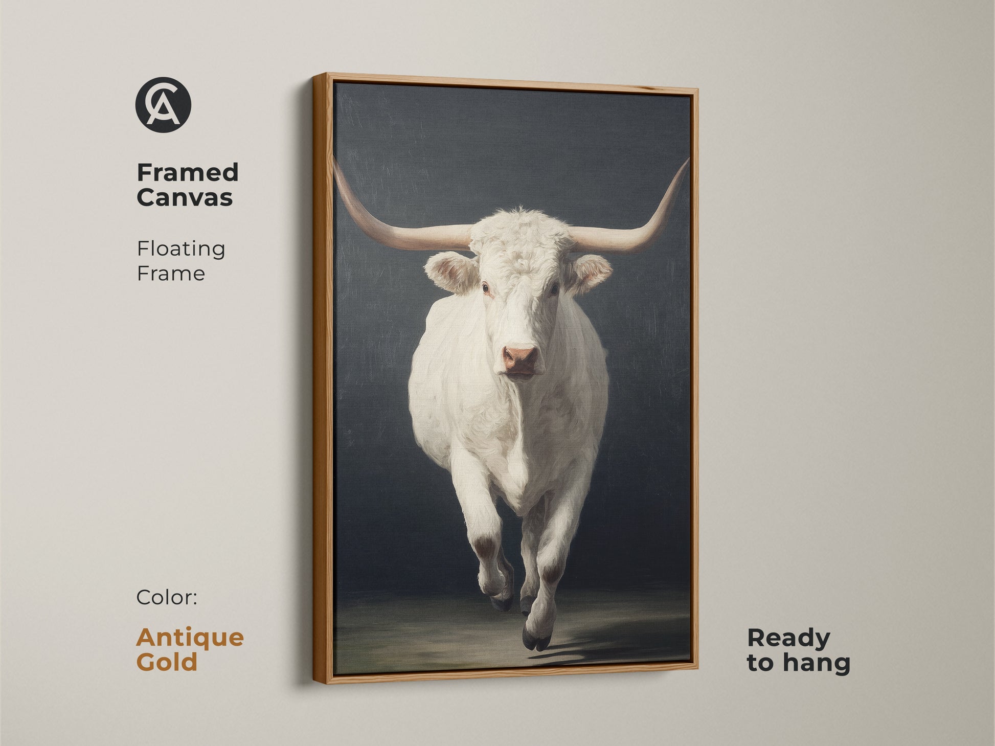 Framed canvas showcases the charm of western wildlife artwork. The floating frame is antique gold. This realistic bull wall decor comes ready to hang. It's a perfect gift for ranch lover with neutral tones.