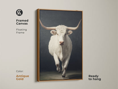 Framed canvas showcases the charm of western wildlife artwork. The floating frame is antique gold. This realistic bull wall decor comes ready to hang. It's a perfect gift for ranch lover with neutral tones.