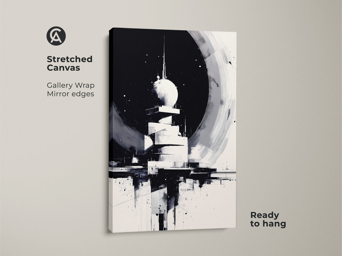 Stretched Canvas of an Abstract Tower. Gallery wrapped with mirrored edges. This monochrome cityscape art brings a touch of modern sophistication. Ready to hang black and white canvas art for your office or home.