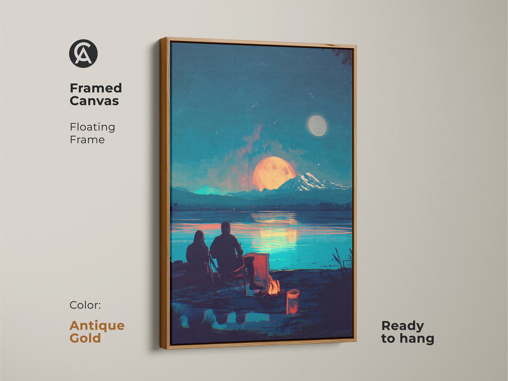 Antique Gold framed canvas of a couple by campfire art. This romantic night sky wall art has a floating frame. The lake scene canvas print is ready to hang. It's ideal boho couple gift.