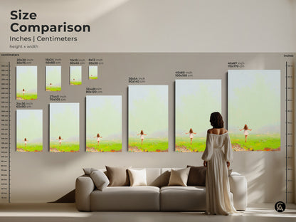 Compare sizes of our expressive girl in field painting. See how our canvas and poster prints fit above a sofa. Sizes range from 20x30 cm to 45x67 inch. Enhance your living room with this dreamy field wall decor. It will transform your space with Emerald Green and Sky Blue tones.
