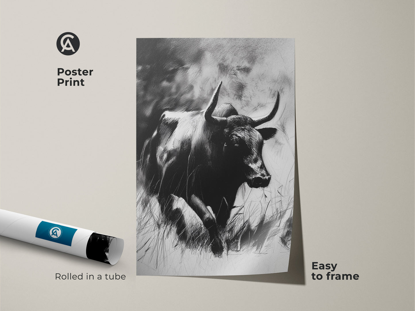Framed canvas art showcasing a monochrome bull sketch. The black floating frame enhances the rustic artwork. Ready to hang in your office or study. This wildlife animal print brings nature indoors. Perfect gift for ranchers and art enthusiasts.
