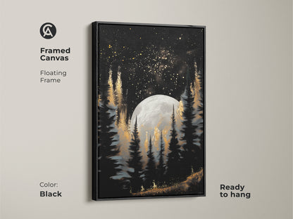 Enhance your walls with our framed canvas art featuring a celestial moon. This moon and trees artwork has a floating frame in black. It is ready to hang and showcases a gold galaxy forest. Ideal for eclectic living rooms and dark academia bedrooms. The perfect mystical landscape art.