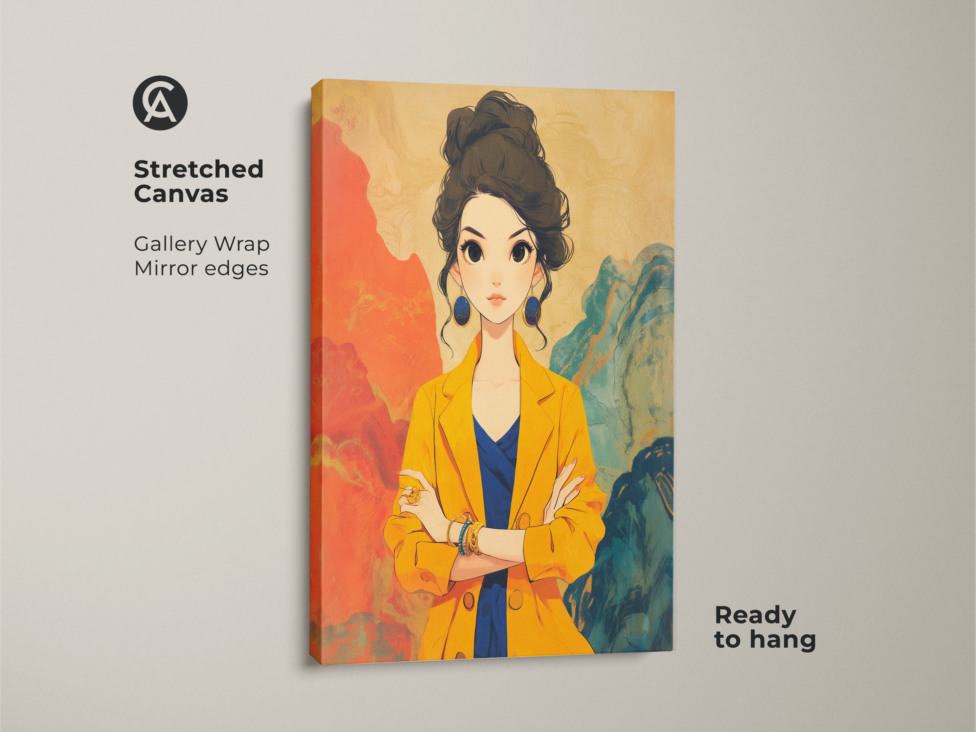 Stretched canvas gallery wrap of an anime woman portrait. The art print features mirror edges for a seamless look. This ready-to-hang contemporary fashion art brings yellow and blue abstract elements together. It's perfect for modern bedroom decor and adds a stylish statement to any space.