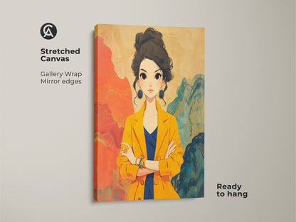 Stretched canvas gallery wrap of an anime woman portrait. The art print features mirror edges for a seamless look. This ready-to-hang contemporary fashion art brings yellow and blue abstract elements together. It's perfect for modern bedroom decor and adds a stylish statement to any space.