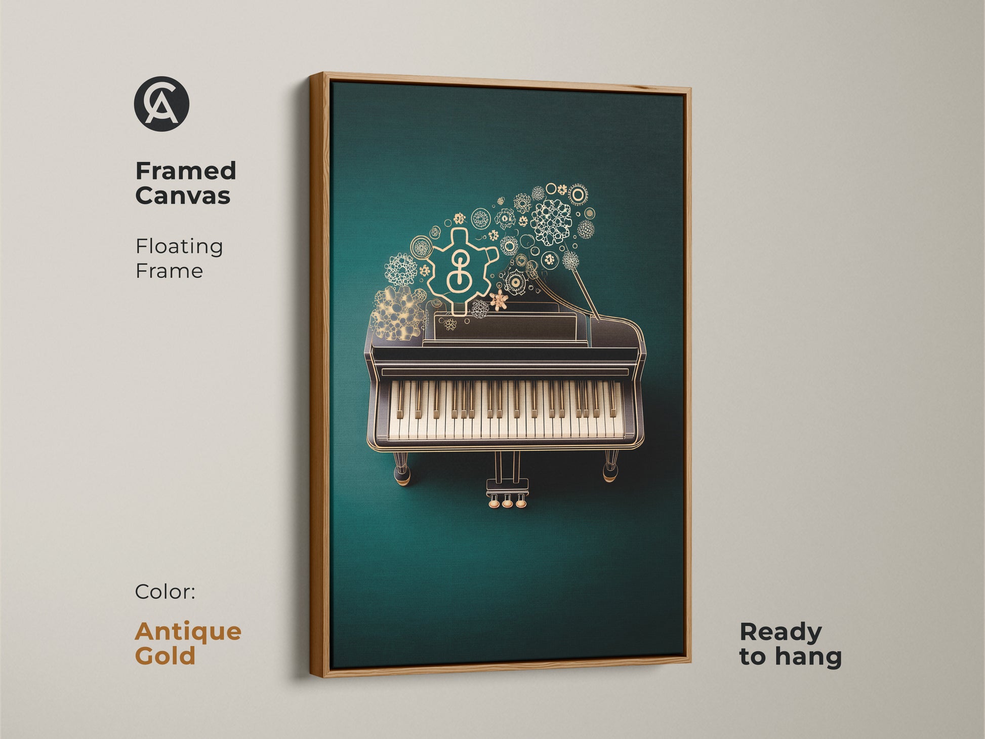 See the framed canvas presenting Steampunk Grand Piano art with an antique gold floating frame. The artwork shows a blend of mechanical components and musical elements. This print in emerald and gold offers a vintage industrial feel. A great gift for music lovers and office decor.