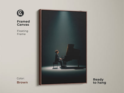 Framed canvas art print presents a pianist in the spotlight. The warm brown floating frame adds a touch of elegance. Ready to hang this piano art will enhance your living space. Discover our framed art collection today.