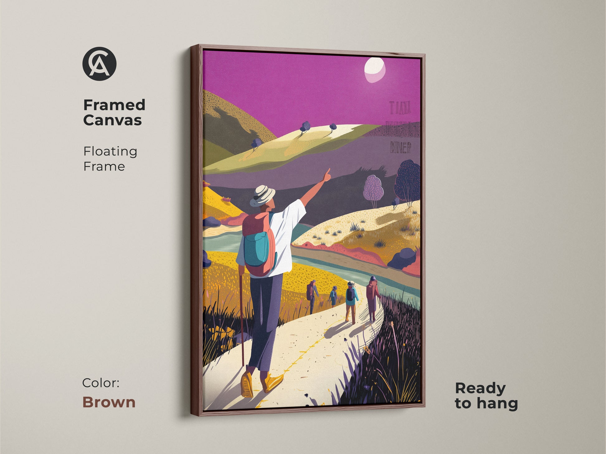 Brown framed canvas featuring boho mountain art. Hikers are exploring a flat art landscape. Vibrant yellow green and purple colors make this travel landscape art pop. It's ready to hang.